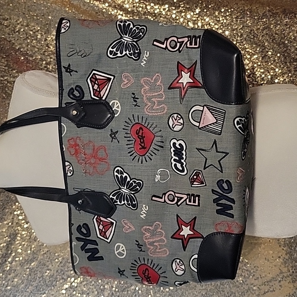 Denim patchwork graffiti tote